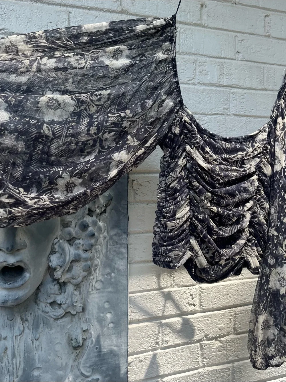 Free People Black Floral Ruched Mesh Sheer Balloon Sleeve Top s/p